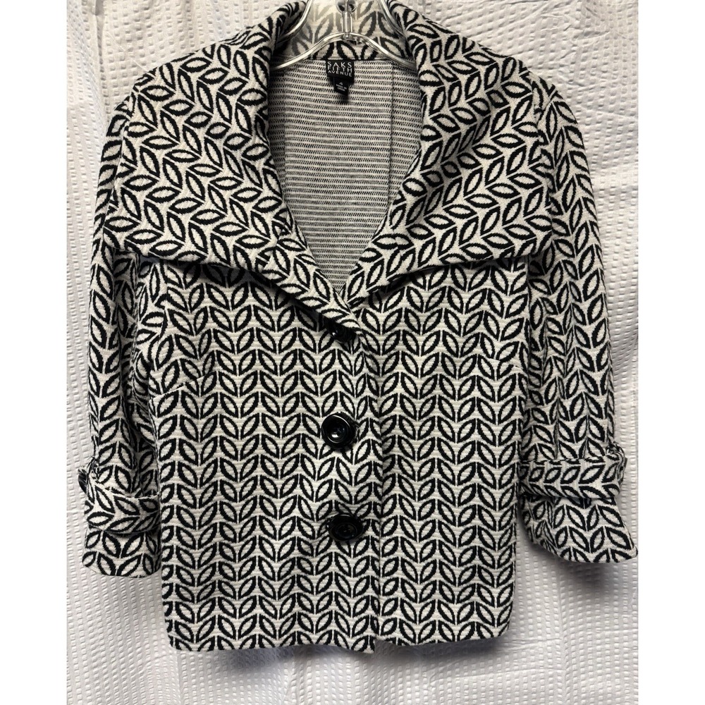Saks Fifth‎ Avenue Jacket Geometric Leaf Pattern 3/4 Sleeve Pockets Women Size 4
